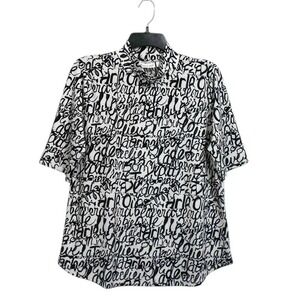 New York & Co. Top Large Ivory Black Short Sleeve Mock Neck Script Work Casual‎